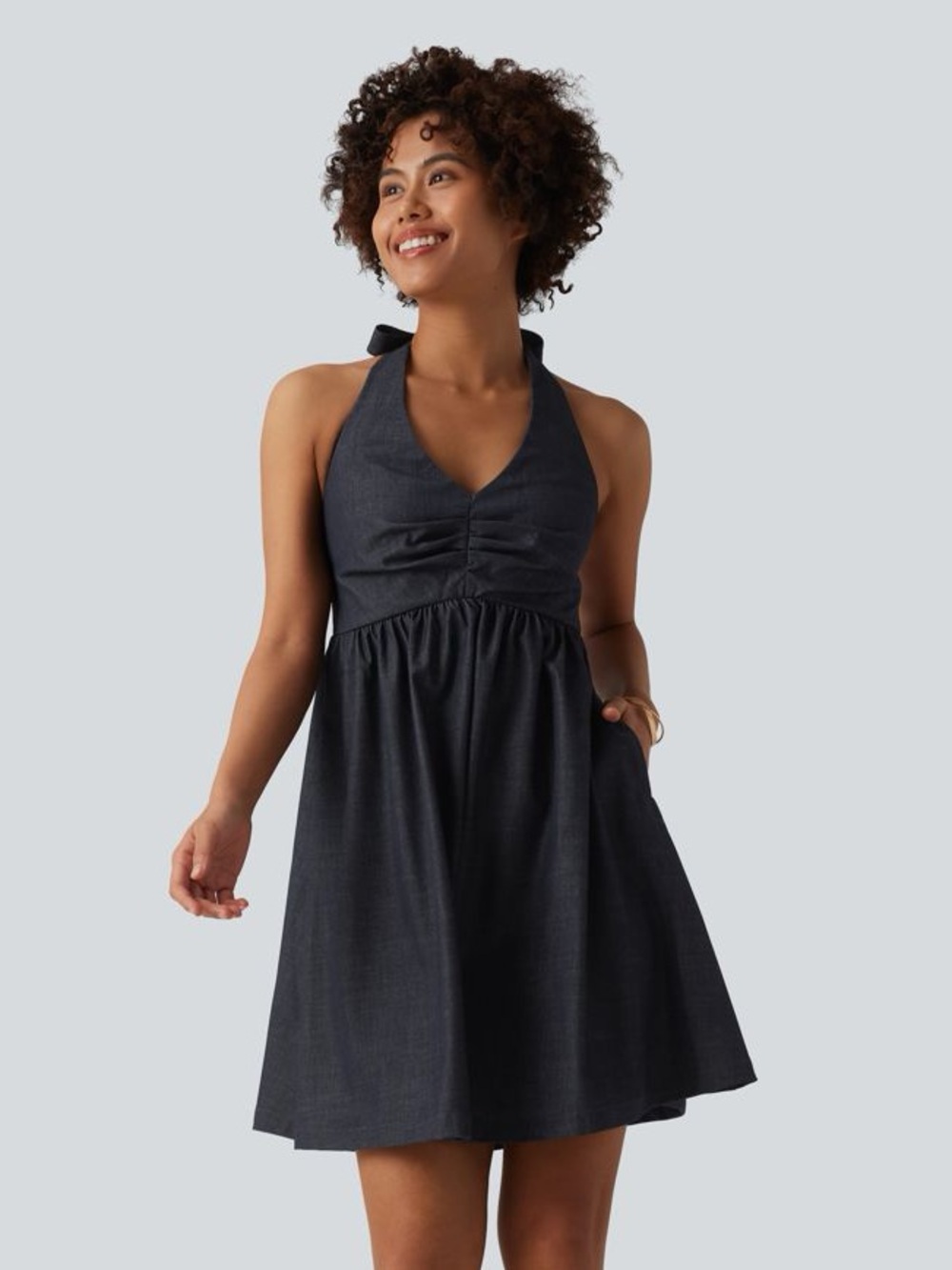 Halara Halter Backless Shirred Denim Like Dress